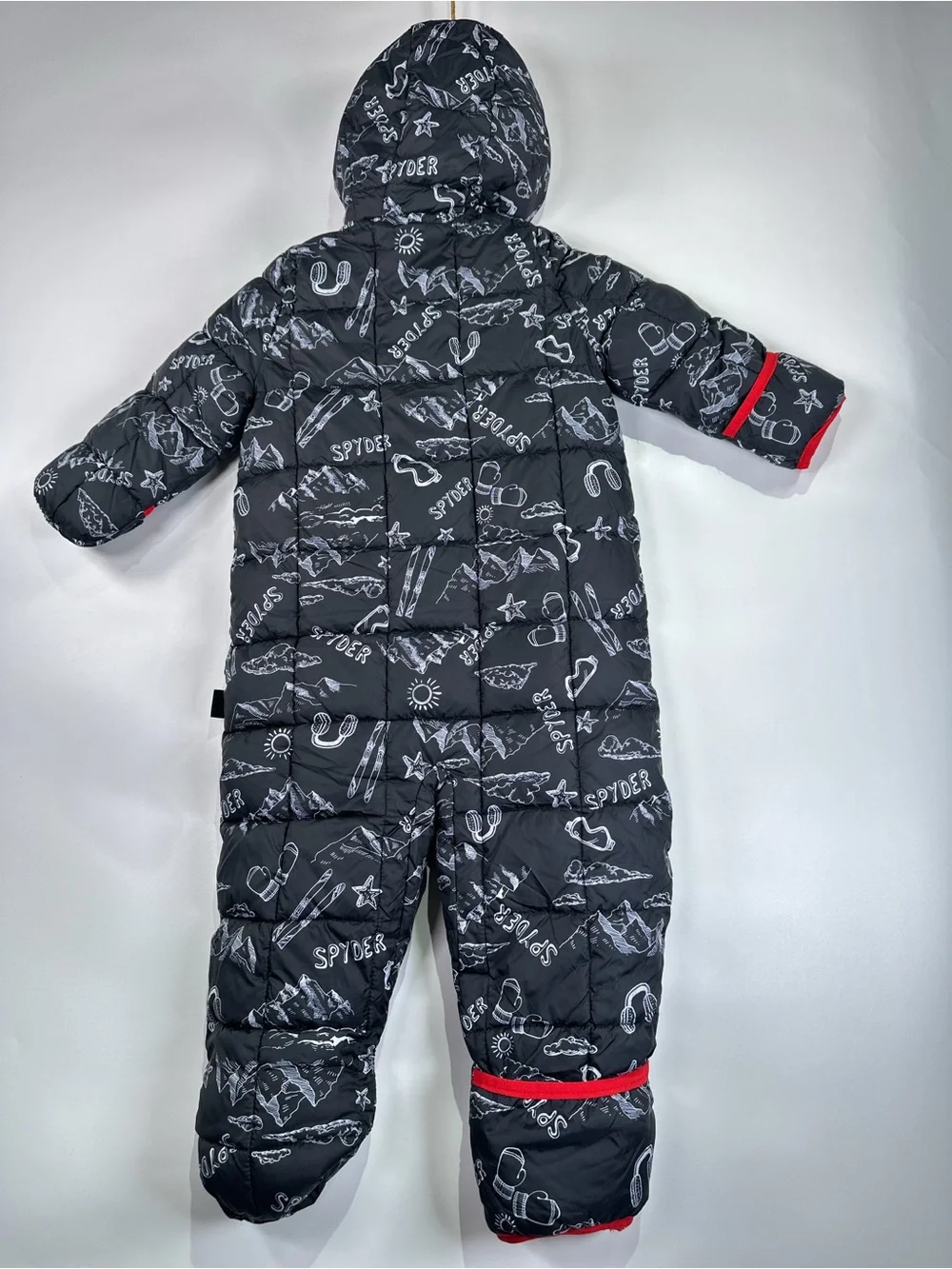 Spyder Snowsuit Bunting Hooded Sherpa Lined Doodle Print Black Red 24M